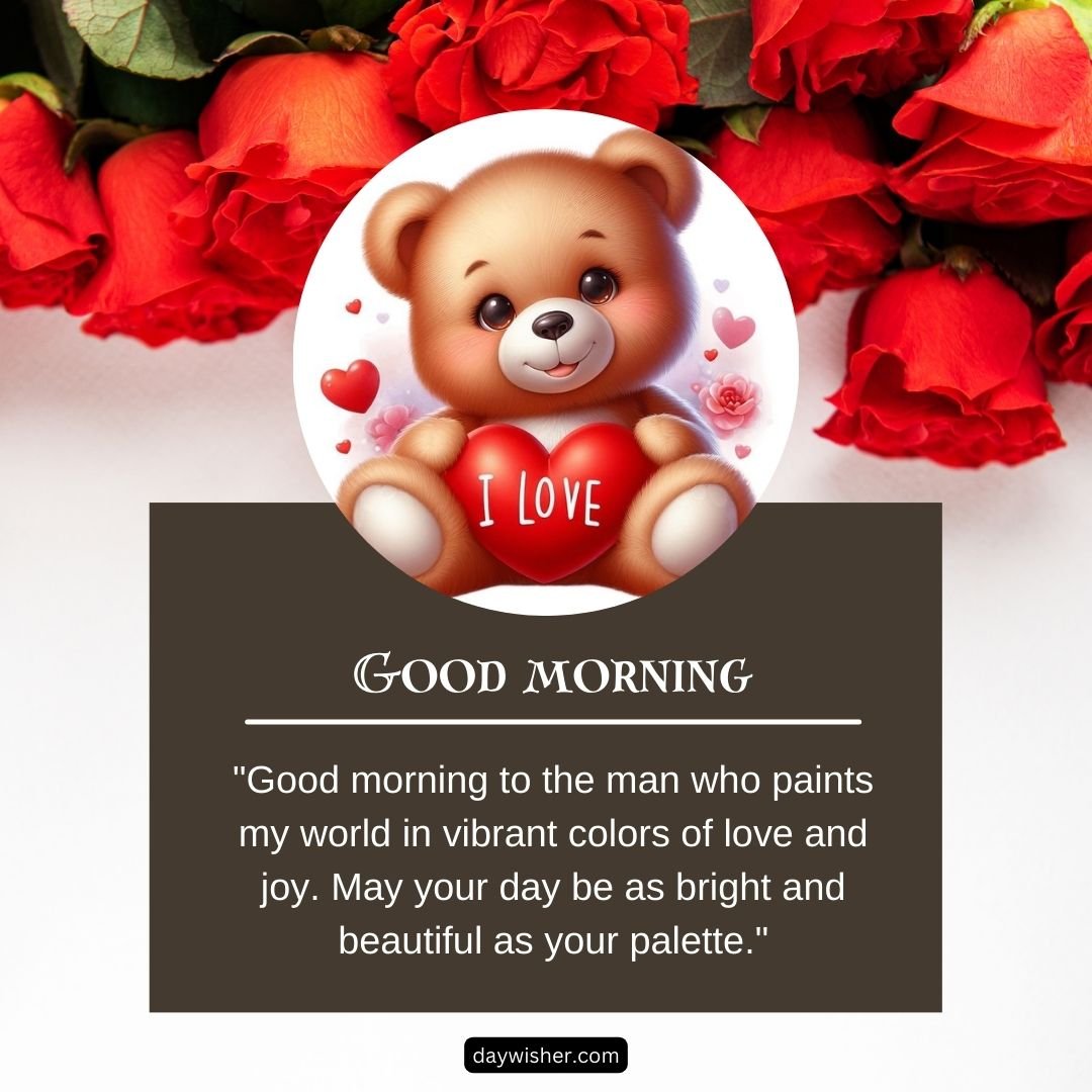 A greeting card featuring a cute teddy bear inside a heart, surrounded by vibrant red roses with the text "good morning" and an inspirational message.