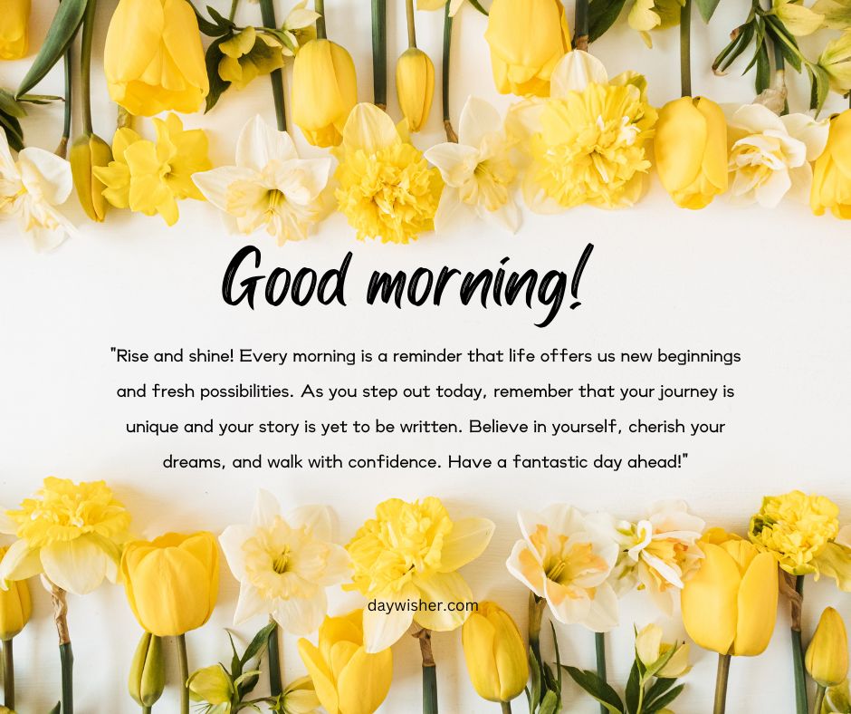 A motivational graphic that says "Good Morning!" surrounded by a scattered pattern of yellow and white tulips and daffodils on a light background, perfect for sharing good morning messages with friends.