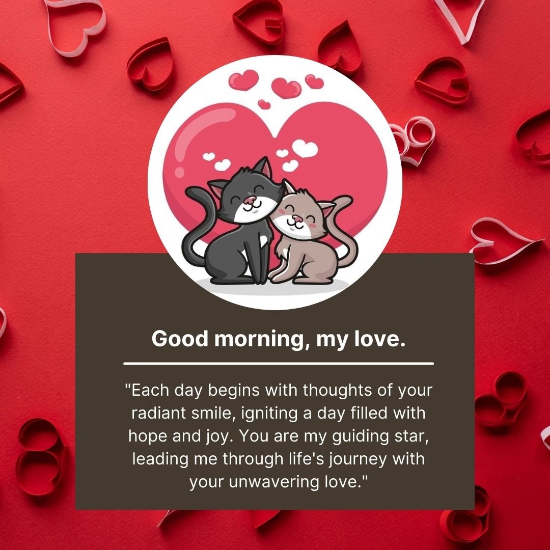A romantic greeting card featuring two smiling cats cuddling, with a large heart in the background. The card includes a loving "Good Morning" message for your wife and is adorned with red hearts and a
