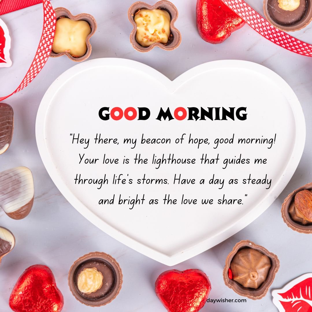 A heart-shaped card with the text "Good Morning Messages for Boyfriend" surrounded by cookies, chocolates, and decorative ribbons on a light background. The card includes a romantic message.