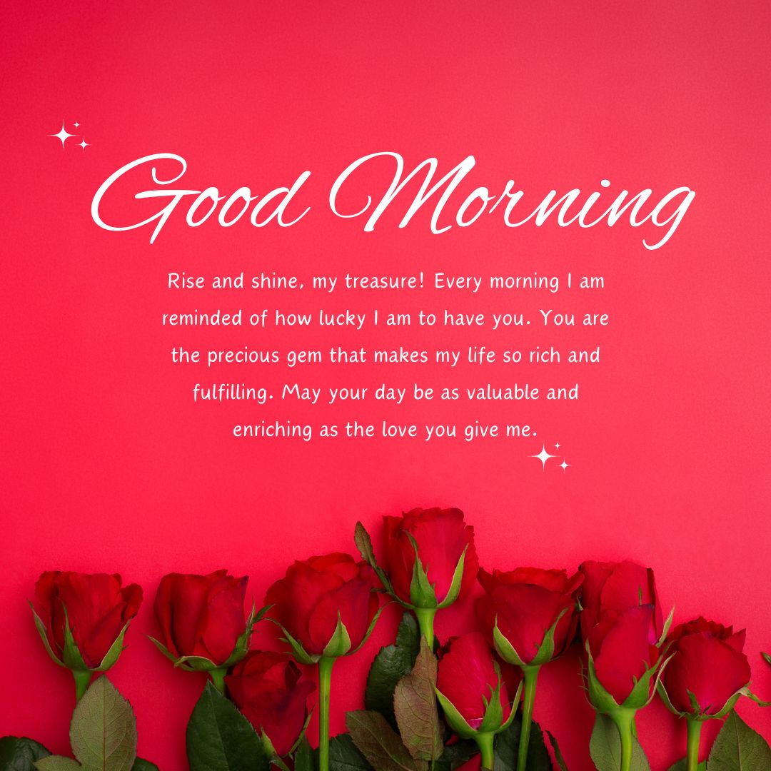 A heartfelt greeting card on a red background with text saying "Good Morning Paragraphs for Him" above a loving message, accompanied by a row of red roses at the bottom.