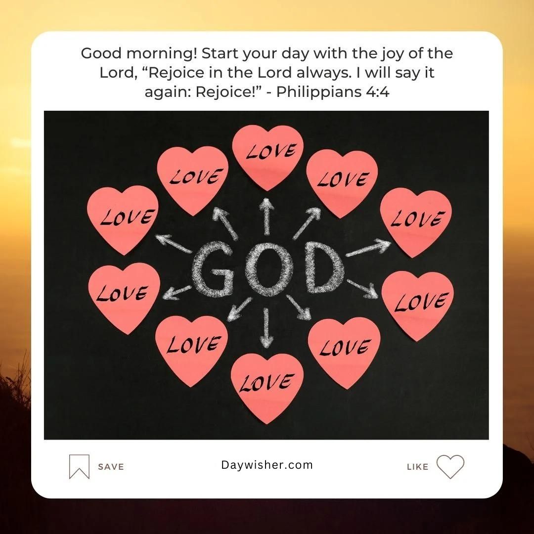 A graphic featuring the word "God" at the center with arrows pointing to multiple hearts labeled "Love," enclosed in a square border with a caption about rejoicing in the Lord, from Philippians