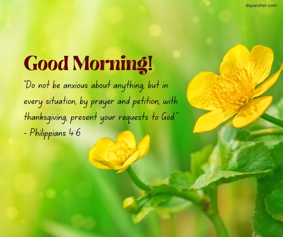 A vibrant image featuring a bright yellow flower with morning dew on a blurred green background. It includes an inspirational good morning Bible verse from Philippians 4:6.