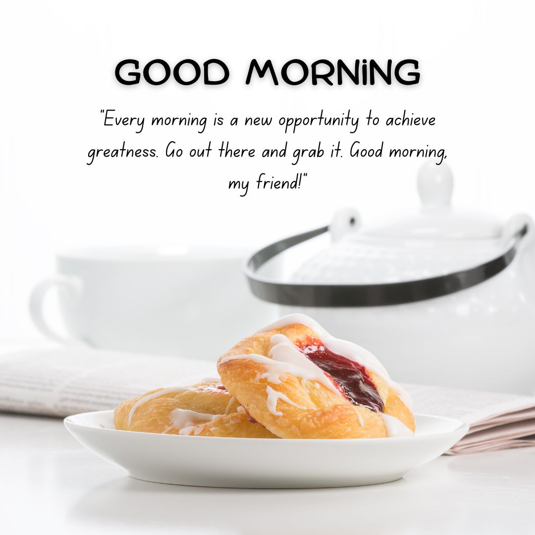 A breakfast scene with a message saying "good morning" for friends, featuring a plate of cream-filled pastries beside a cup of coffee and a teapot, all arranged on a white surface.