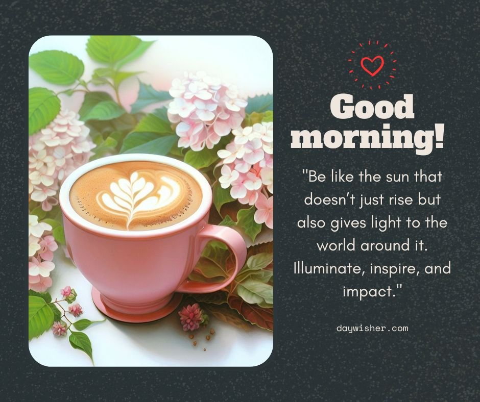 A morning-themed image featuring a pink cup of coffee adorned with latte art, surrounded by pink hydrangea flowers, with an inspirational good morning message about making an impact like the sun.
