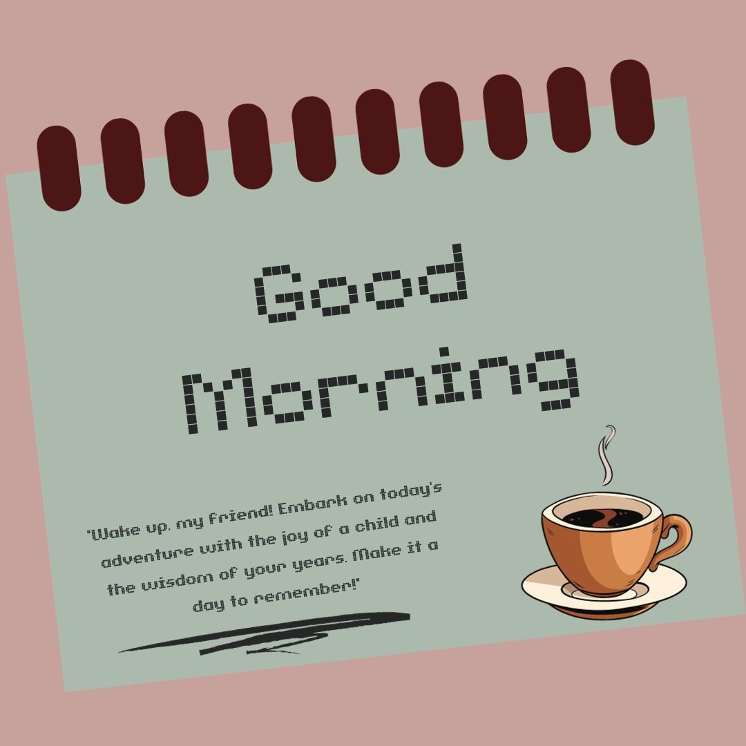 Illustration of a notepad with an "Inspirational Good Morning" message and a motivational quote, alongside an image of a steaming cup of coffee, set against a pink background.