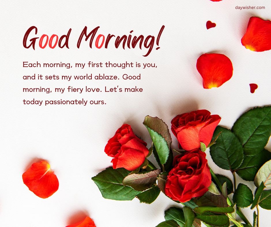 Text "Good Morning Messages for Husband" with a love poem, surrounded by vibrant red rose petals and full roses against a white background.