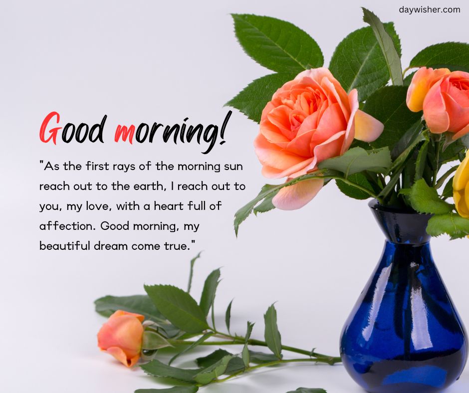 A vivid image featuring a vase with orange roses on a light background, accompanied by a "Good Morning Messages For Girlfriend" greeting and a heartfelt message in red and black text.