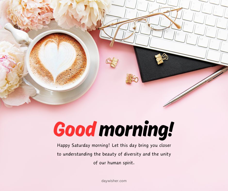 An elegant workspace with a keyboard, a cup of coffee adorned with heart-shaped latte art, a black notebook, pen, and decorative flowers on a pink background, featuring Saturday morning wishes.