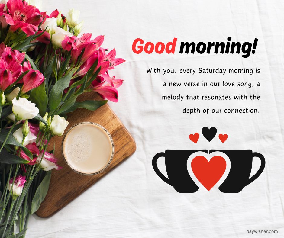 Image showing a romantic Saturday morning greeting message "good morning" with a description about love, flanked by a cup of coffee and a bouquet of red and pink flowers on a wooden board, set against