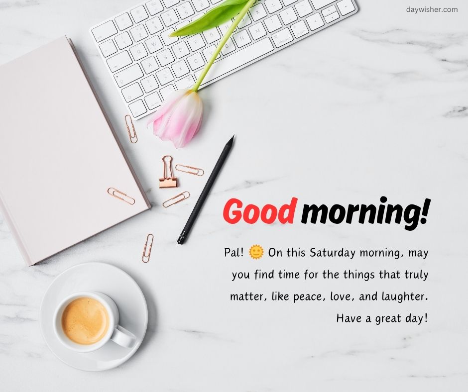 A desktop setup showing a "Saturday morning wishes!" message, tulip, keyboard, notebook, paper clips, and coffee cup on a marble surface.