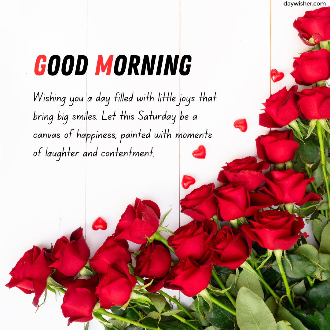 Red roses scattered on a white wooden surface with the text "good morning" and positive Saturday morning wishes, hoping for a day of happiness and joy.