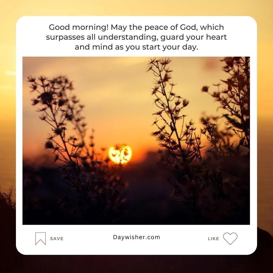 A serene sunrise viewed through silhouetted flowers, with a heart-shaped sun hovering above the horizon. An overlay with spiritual good morning messages from textwishes.com.