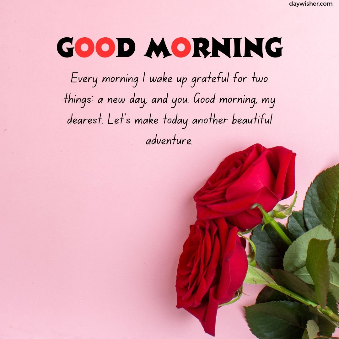 A pink background with a greeting, "good morning" in bold white letters, tailored for a boyfriend, below which is a motivational quote and a red rose in the bottom right corner.