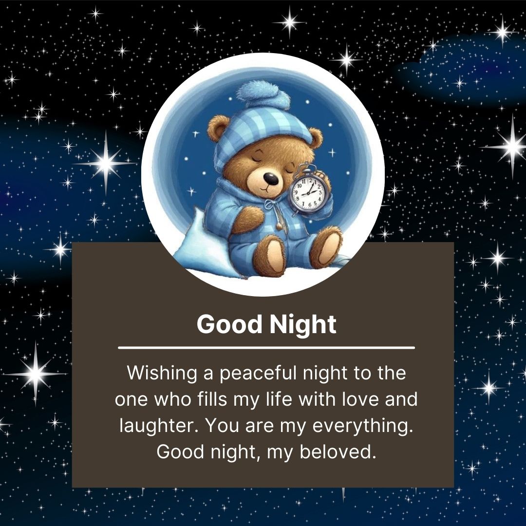 A graphic featuring a teddy bear holding a clock inside a snow globe, set against a starry night background, with the text "Good Night Messages For Boyfriend" and a loving message.