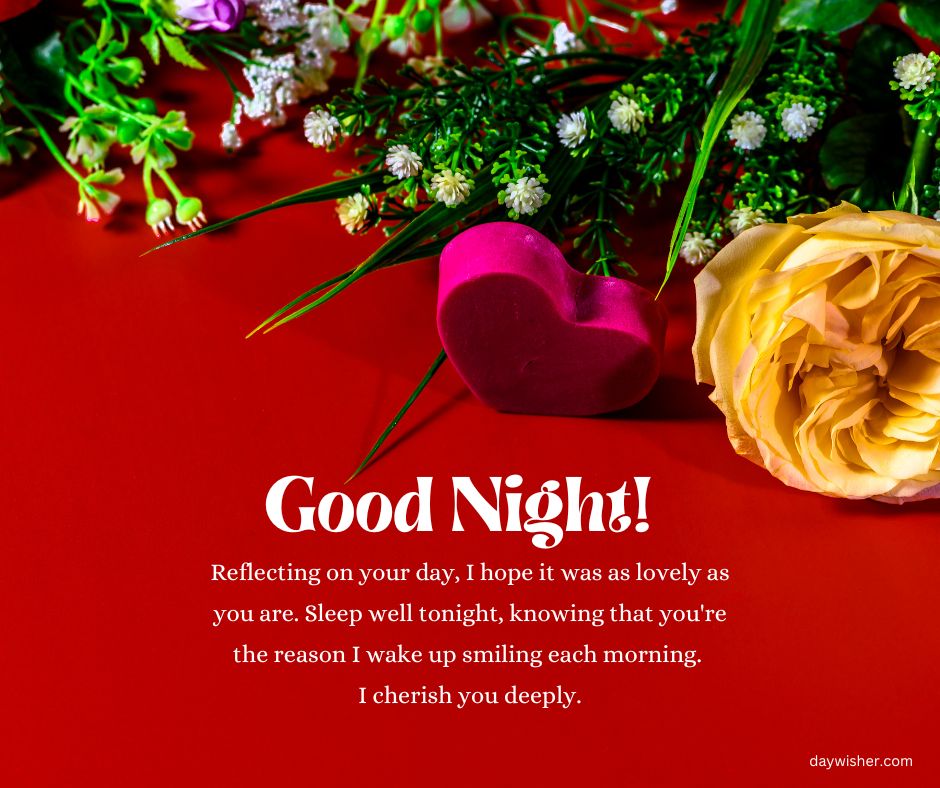 The image shows a vibrant red background with a pink heart-shaped box, fresh yellow rose, and small white flowers. Text reads "Good Night Messages For Girlfriend" with a heartfelt nightly reflection message.