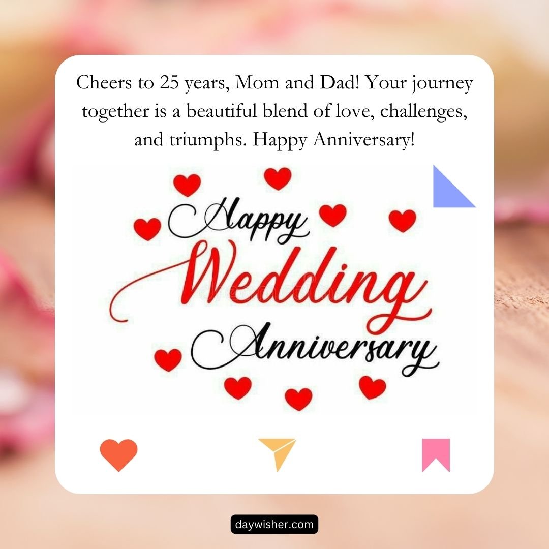 An anniversary card with the text "cheers to the 25th Anniversary, mom and dad! your journey together is a beautiful blend of love, challenges, and triumphs. happy anniversary!" featuring