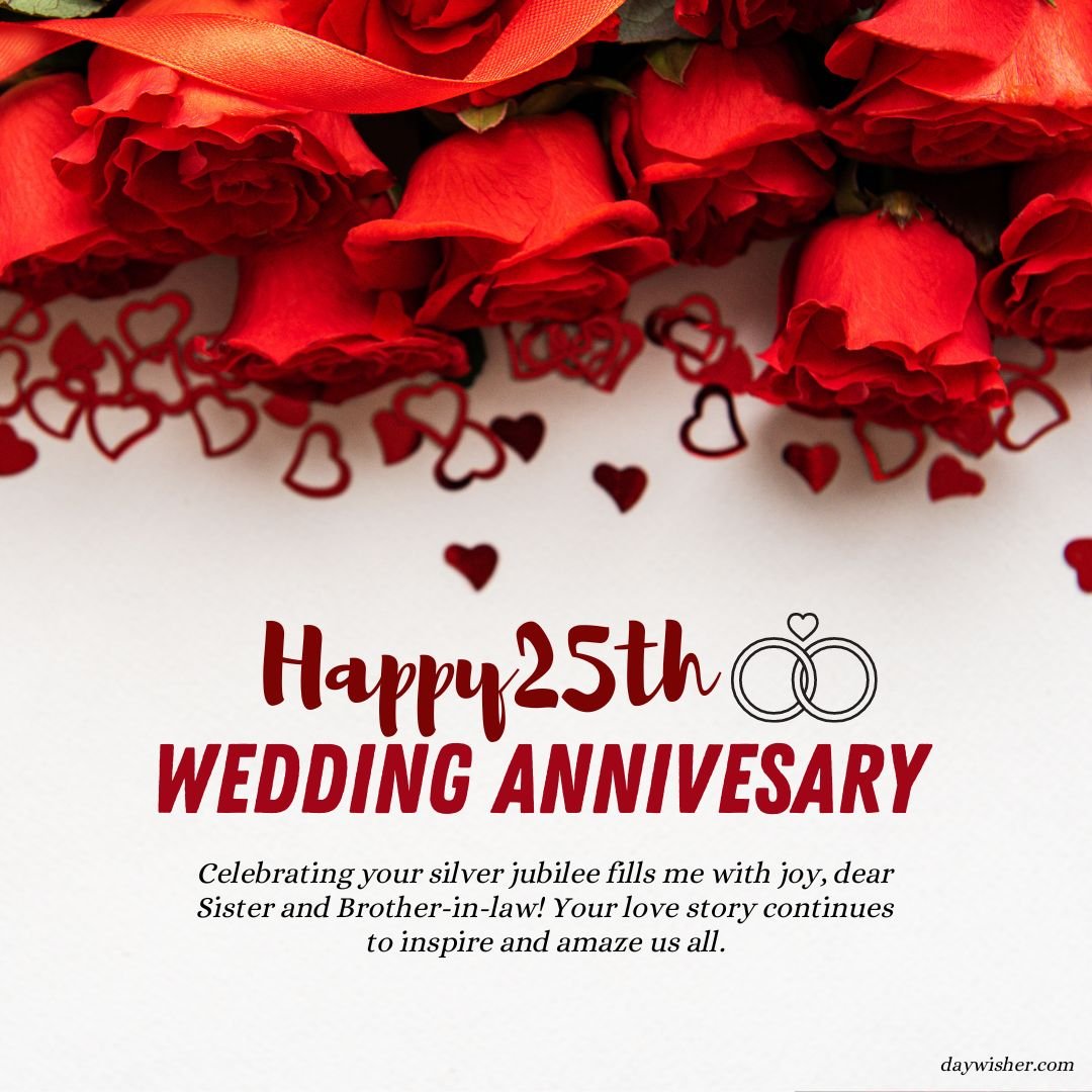 A festive greeting card for a 25th anniversary with orange roses and red heart confetti, featuring wishes celebrating a sister and brother-in-law's silver jubilee.