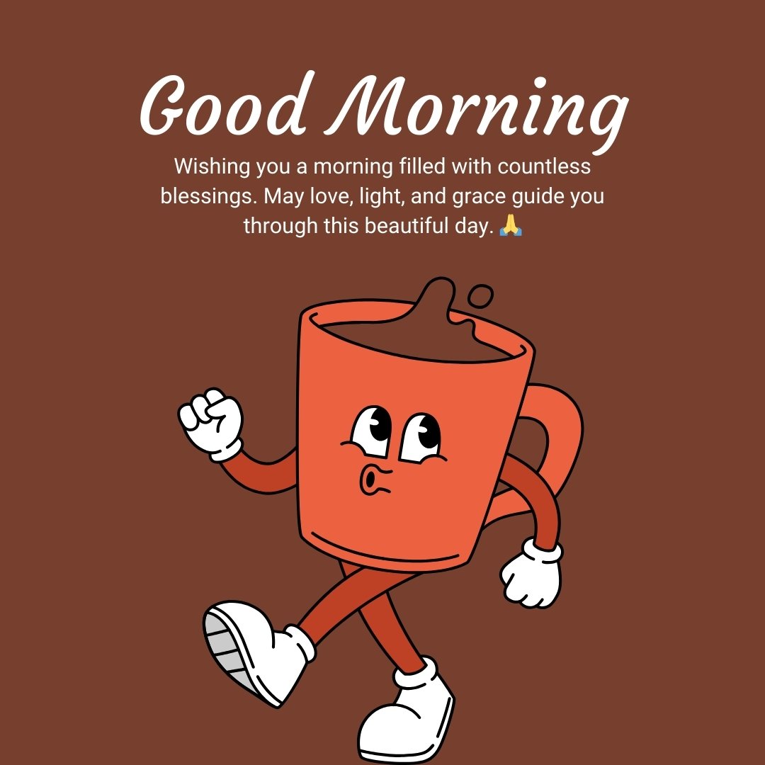 An illustration of a cheerful walking coffee cup with a good morning message that reads: "Wishing you a morning filled with countless blessings. May love, light, and grace guide you through this beautiful day." Perfect for sharing blessings-filled spiritual good morning messages