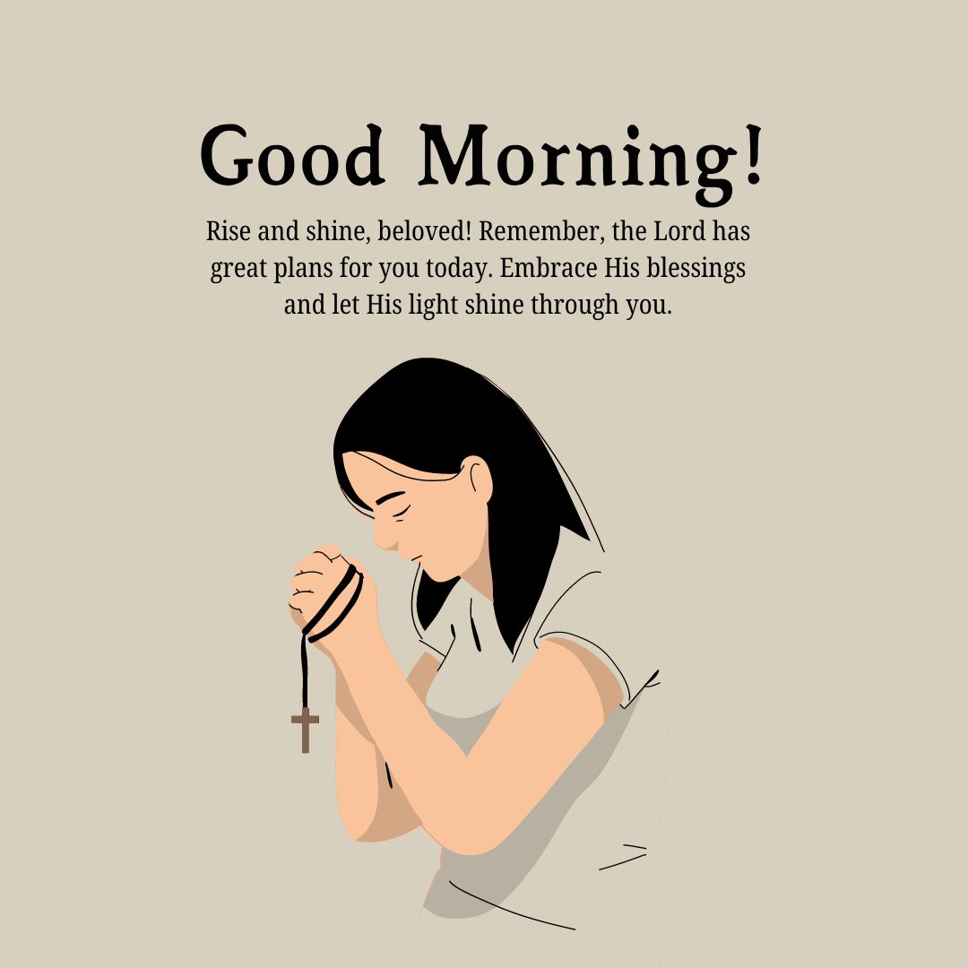 Illustration of a woman praying with a cross, accompanied by an inspirational Christian good morning message for her, encouraging faith and blessings for the day.