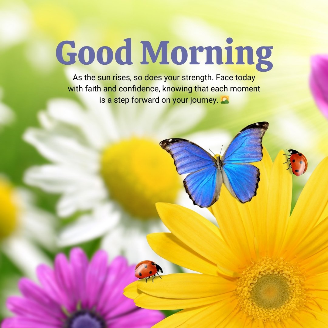 A vibrant image featuring a blue butterfly and two ladybugs resting on colorful flowers with an encouraging spiritual good morning message that reads: "As the sun rises, so does your strength. Face today with faith and confidence, knowing that each moment is a step forward on your journey." Ideal for spreading positivity and motivation.