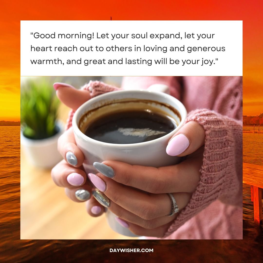 A person in a pink sweater holds a cup of coffee with both hands, with a scenic sunrise over water in the background and an inspirational quote about joy and generosity in these good morning images.