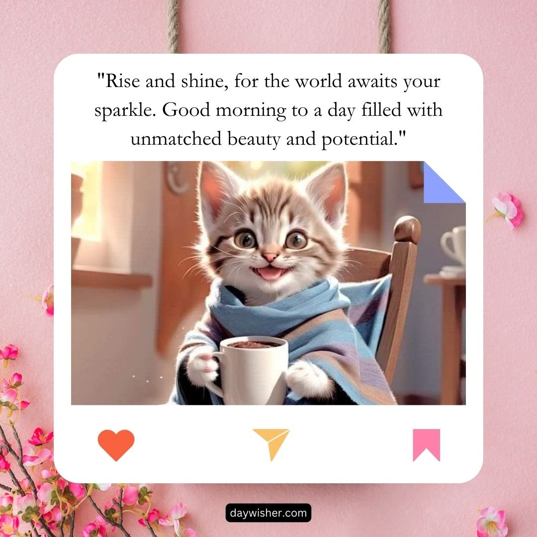 An adorable kitten wearing a blue scarf, sitting at a table and holding a cup of coffee, with good morning images about potential.