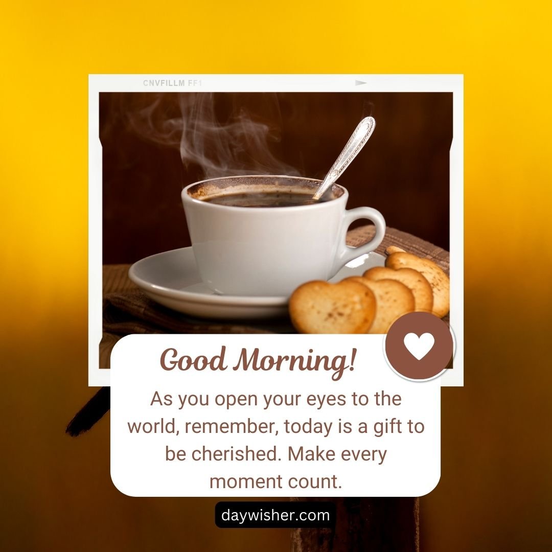 A cup of coffee with steam rising, a spoon resting inside, and heart-shaped cookies on a saucer, against a warm yellow background. Good morning images provide a positive morning message.
