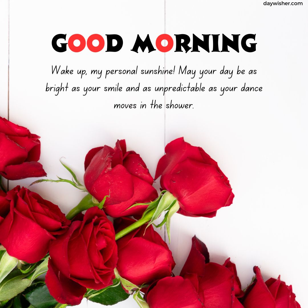 A graphic with the text "Good Morning Paragraphs for Him" in large font beside a cluster of vibrant red roses on a white background, with a message encouraging brightness and unpredictability in one's day