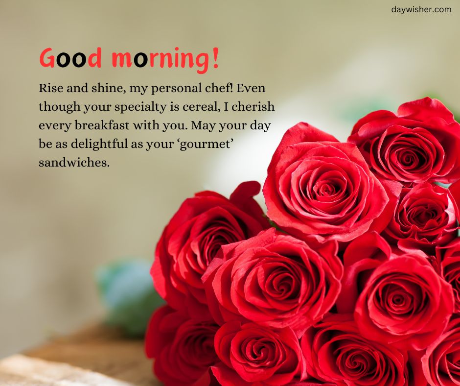 A bouquet of vibrant red roses in the foreground with a greeting text "Good Morning Paragraphs for Him" overlaying, along with a cheerful message about breakfast and well wishes for the day.