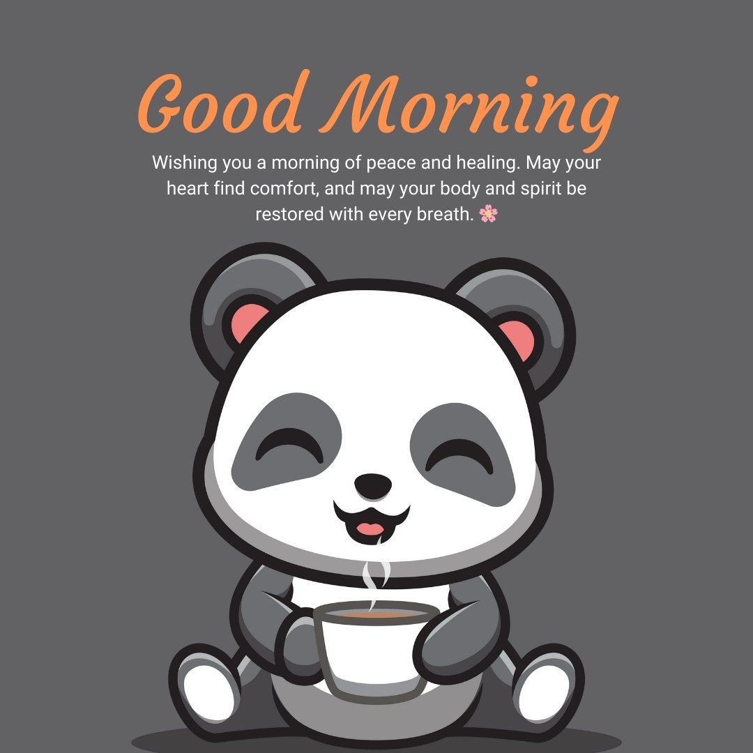 A cute illustration of a smiling panda holding a cup of tea, with a good morning message that reads: "Wishing you a morning of peace and healing. May your heart find comfort, and may your body and spirit be restored with every breath." Perfect for promoting spiritual healing and positivity