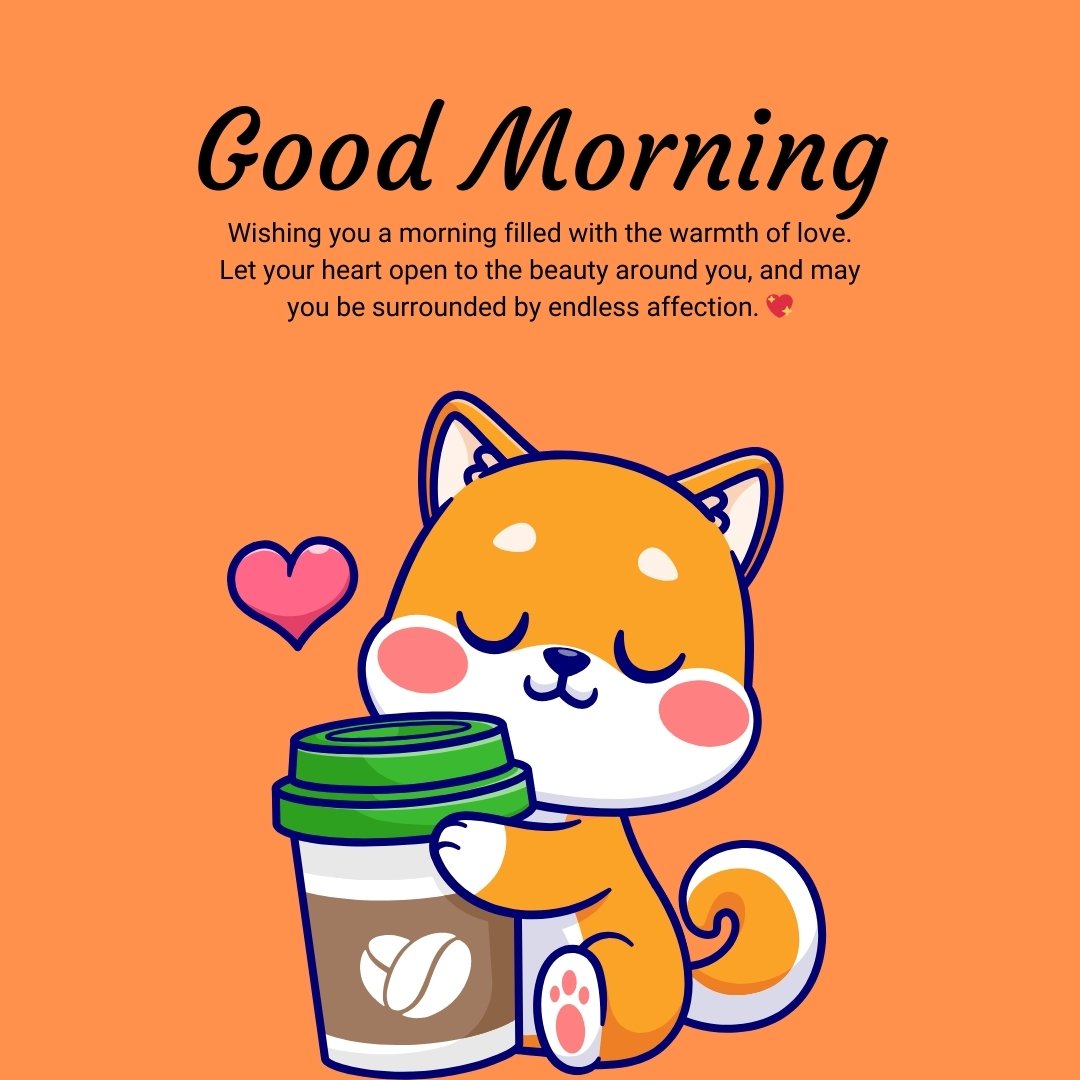 A cute illustration of a smiling Shiba Inu hugging a coffee cup, with a heart symbol next to it and a good morning message that reads: "Wishing you a morning filled with the warmth of love. Let your heart open to the beauty around you, and may you be surrounded by endless affection." Ideal for spreading love and positivity through spiritual messages.