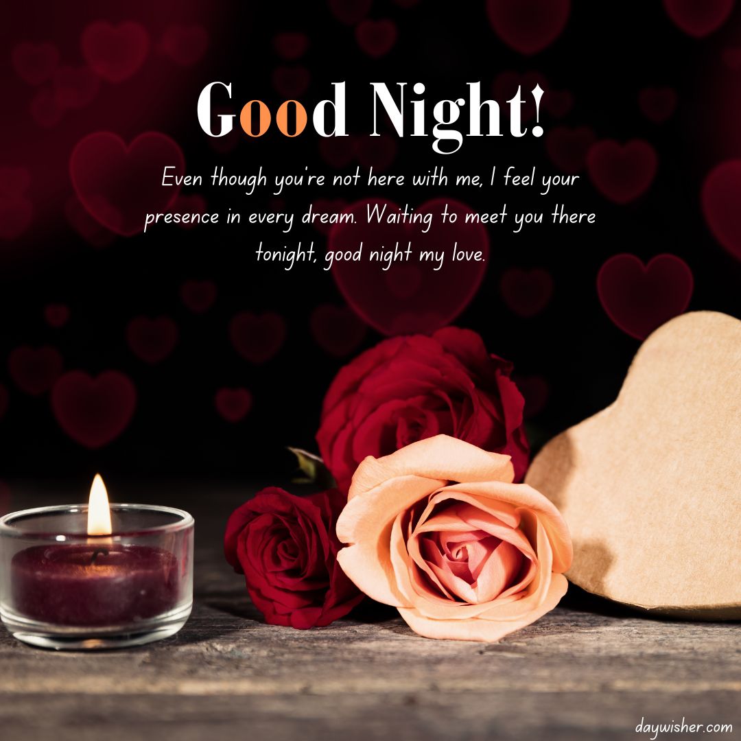 A romantic "good night messages for boyfriend" greeting card with a lit candle, rose, and heart-shaped gift on a wooden surface against a dark, bokeh-lit background.