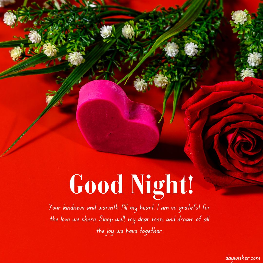 A vivid image featuring a deep red background with a pink heart-shaped object, a red rose, and small white flowers. The words "Good night! Your kindness and warmth fill my heart. I am