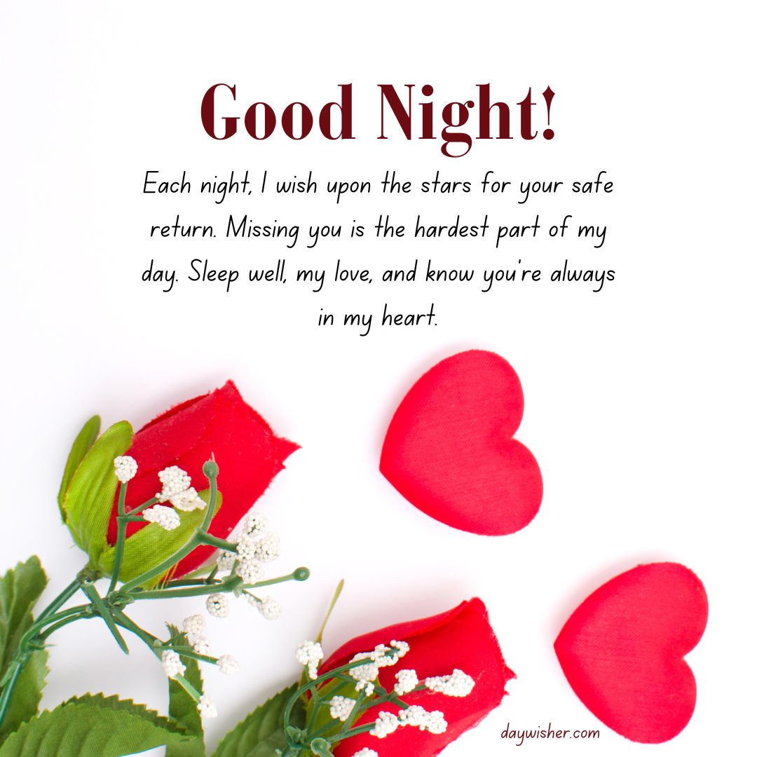 A "good night!" greeting card for your boyfriend featuring a text message and four red fabric hearts scattered around green leaves and small white flowers on a white background.