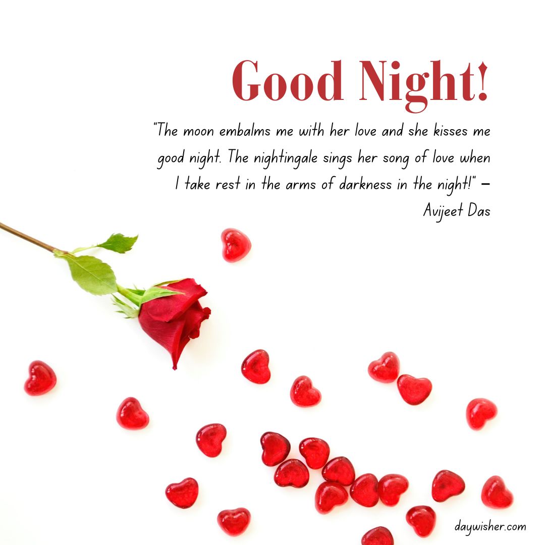 A greeting card with a "good night" message for your boyfriend and a quote by Avijeet Das on a white background, featuring a single red rose and several heart-shaped red petals scattered around.