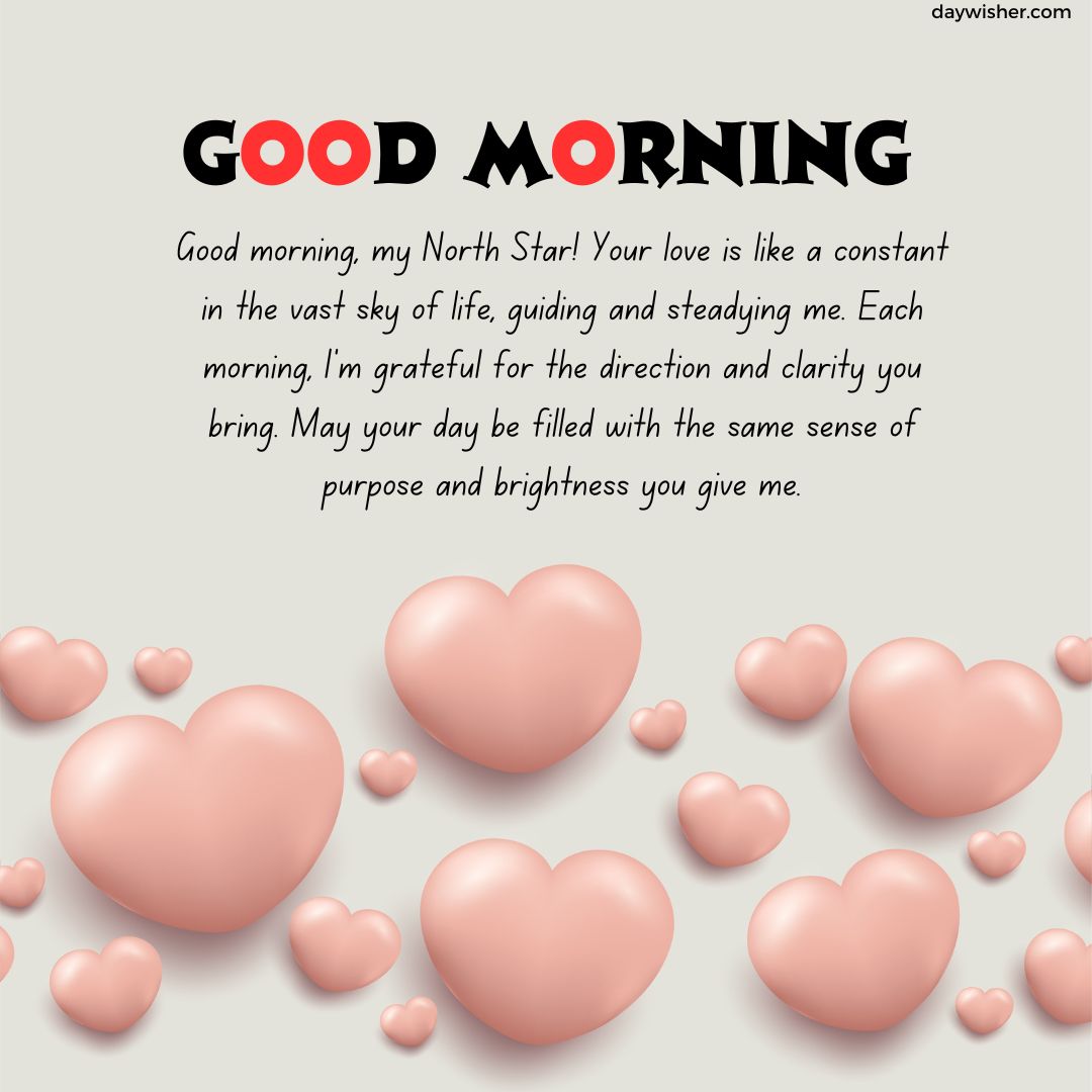 Graphic with the text "Good Morning Paragraphs for Him" and a love message, surrounded by pink 3d hearts set against a light grey background.