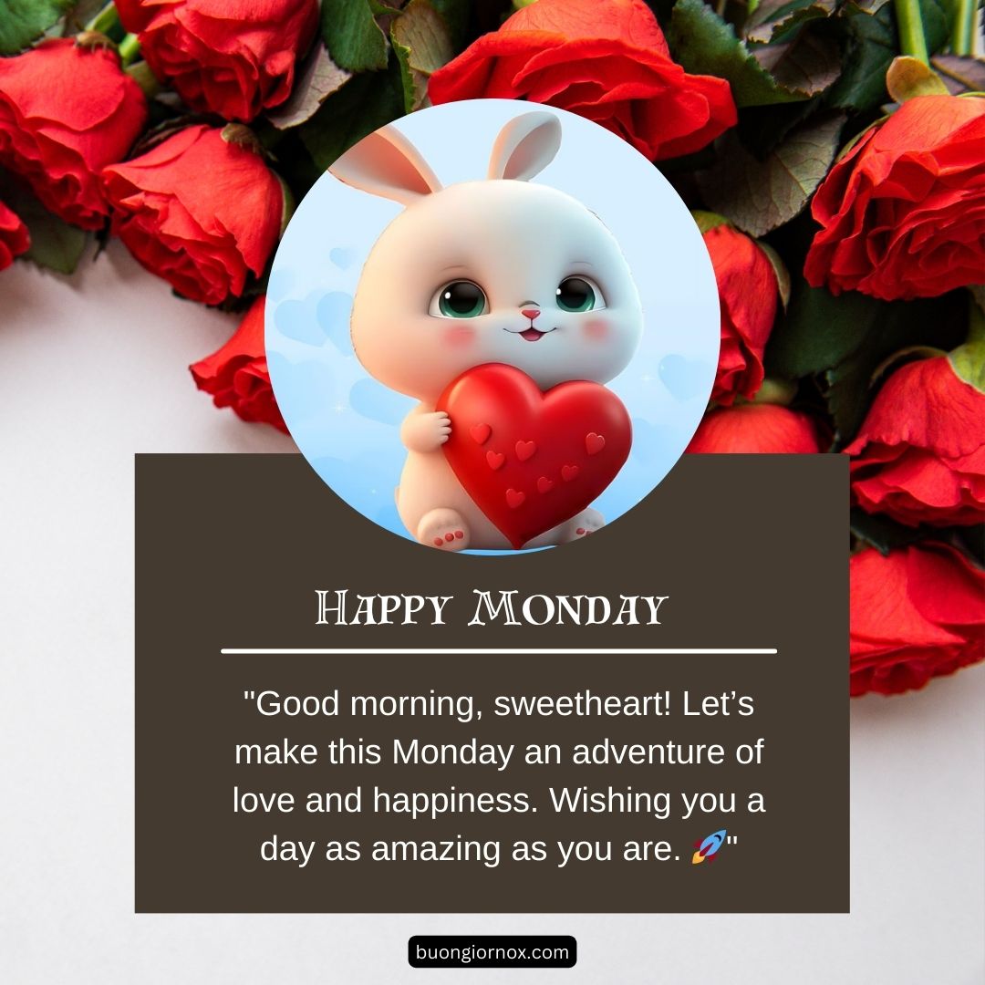 A "Monday Morning Wishes" graphic featuring a cute cartoon rabbit holding a heart, surrounded by red roses, with an uplifting quotes about making Monday an adventure of love and happiness.