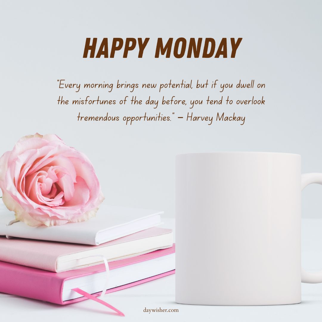 A motivational "Monday Morning Wishes" image featuring a quote by Harvey Mackay, with a pink rose, a stack of books, and a white mug on a light background.