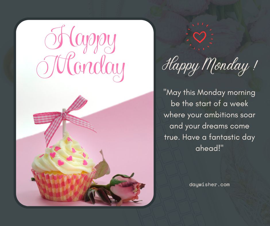 A graphic with "Monday Morning Wishes," featuring an illustrated cupcake with a heart pattern and a pink bow, alongside an inspirational quote about ambitions and dreams.