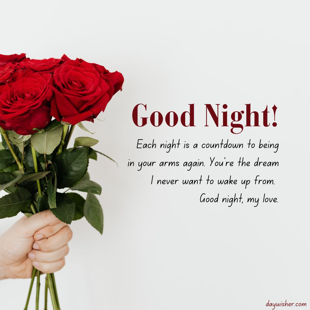 A person holding a bouquet of red roses with a text overlay that reads "Good night! Each night I count down to being in your arms again. You're the dream I never want to wake up