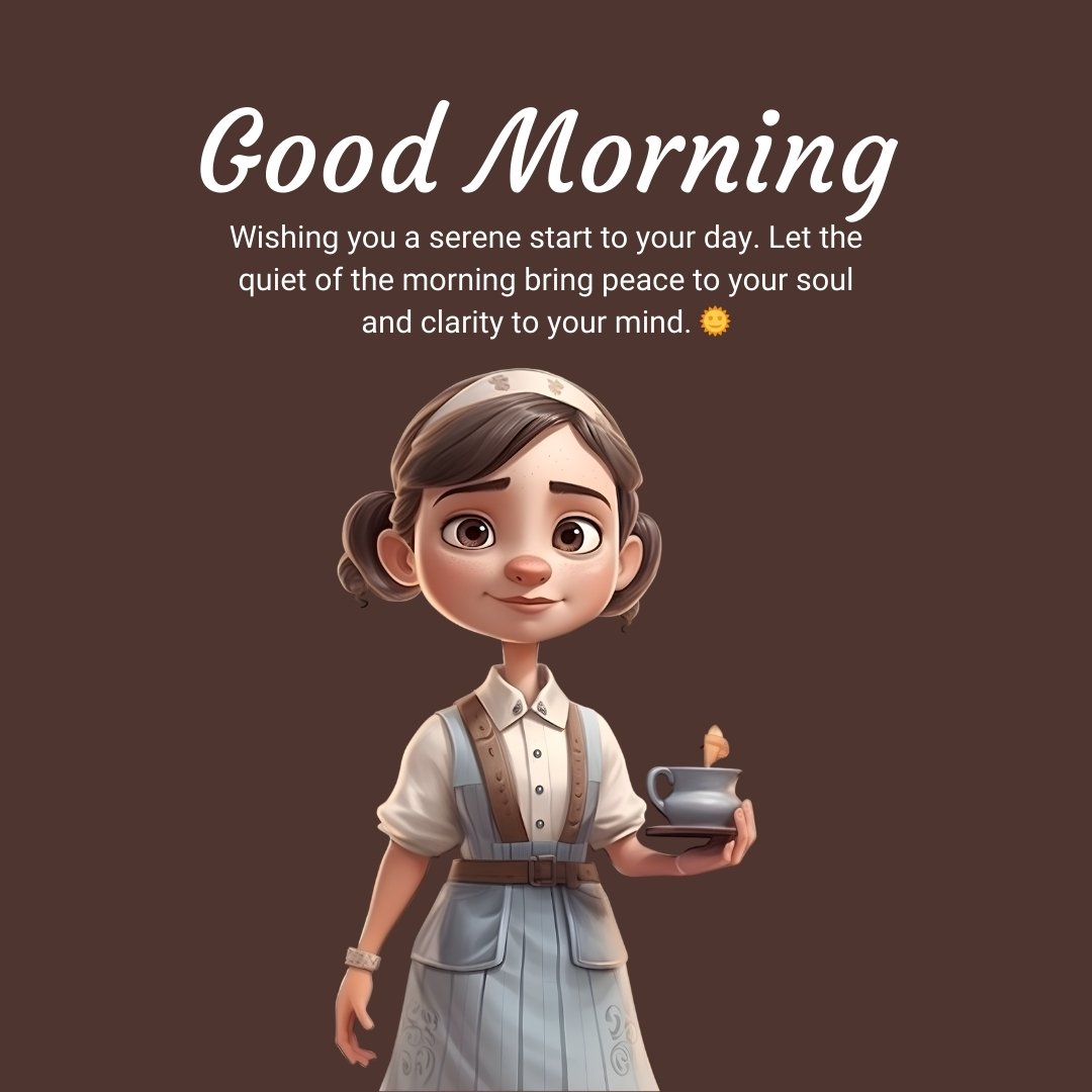 A calming illustration of a young woman holding a cup of tea, with a serene spiritual good morning message that reads: "Wishing you a serene start to your day. Let the quiet of the morning bring peace to your soul and clarity to your mind." Ideal for promoting peaceful and spiritual morning vibes.