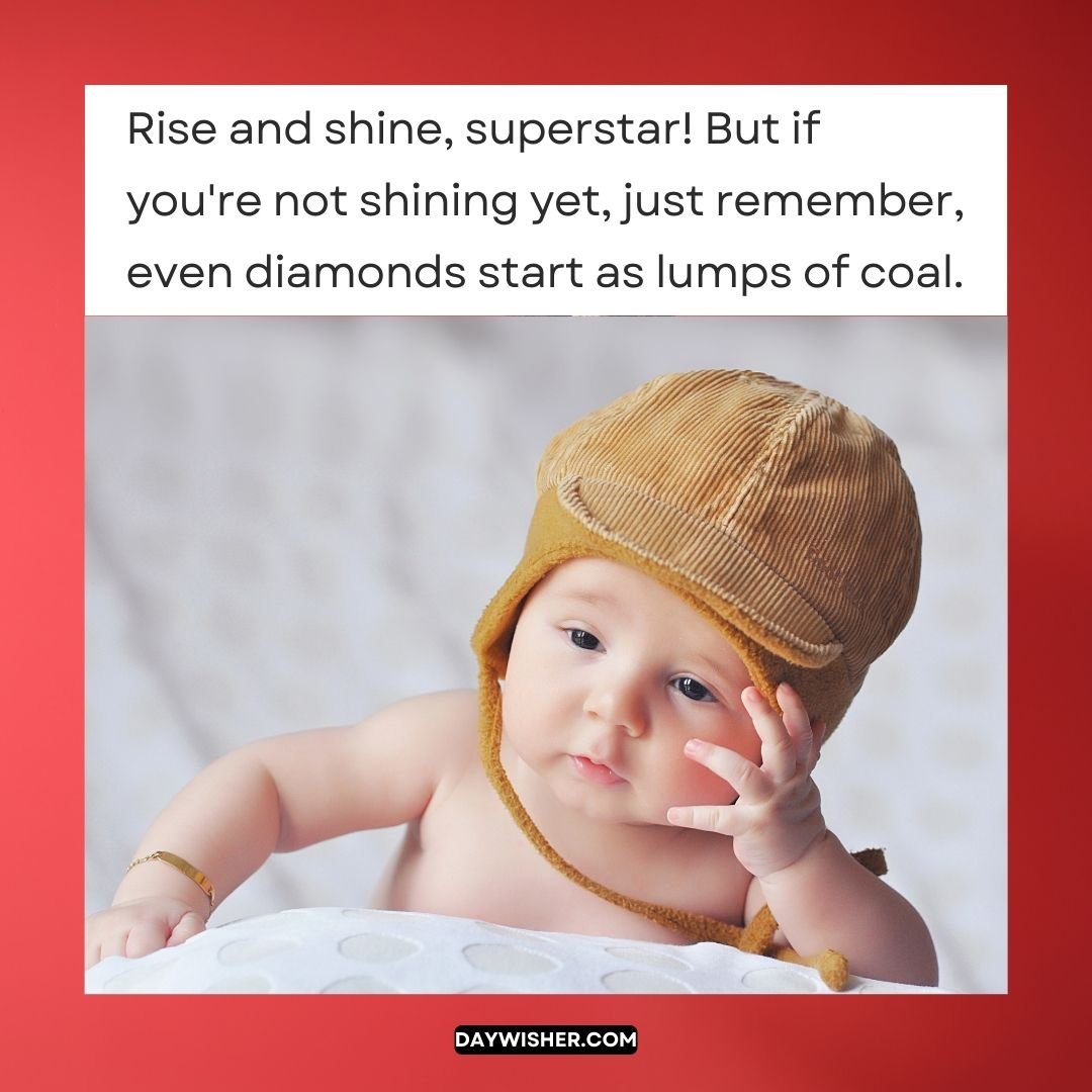 A baby wearing a knitted cap looks contemplative on a white textured blanket with a motivational quote about potential and growth above, perfect for funny good morning images.
