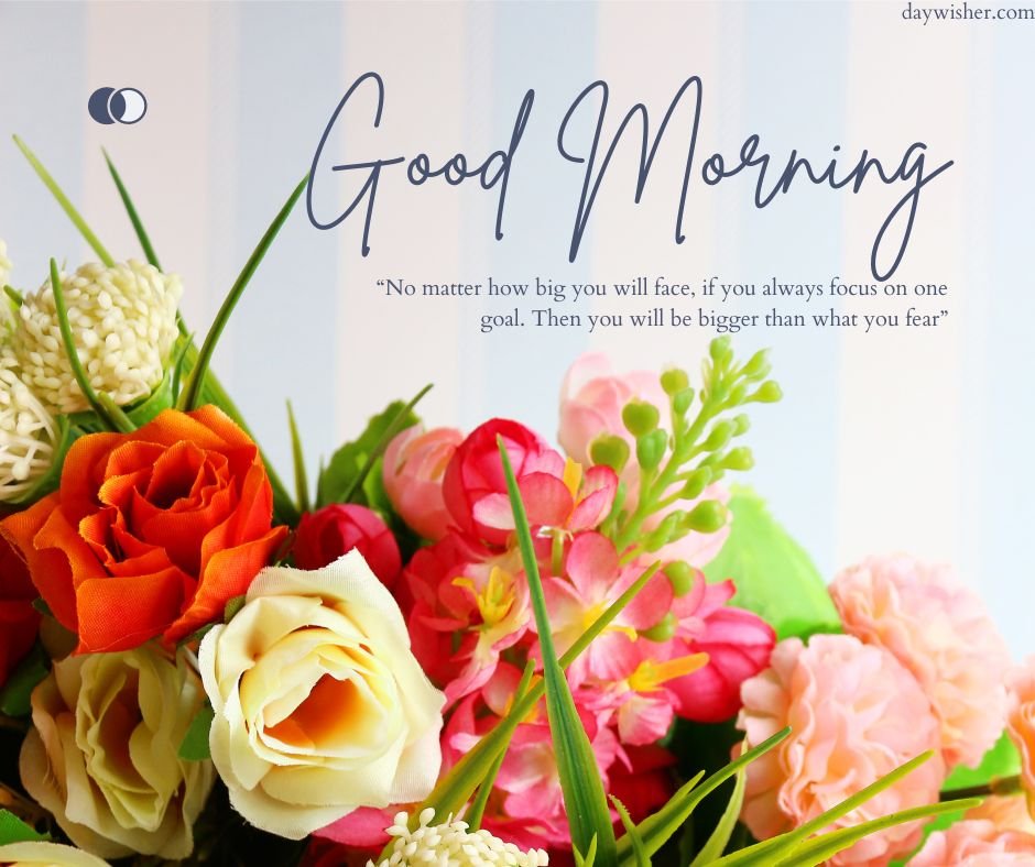 Image of a vibrant bouquet of orange and pink flowers with a soft, blurred background and a motivational quote saying "no matter how big you will face if you always focus on one goal, then you will