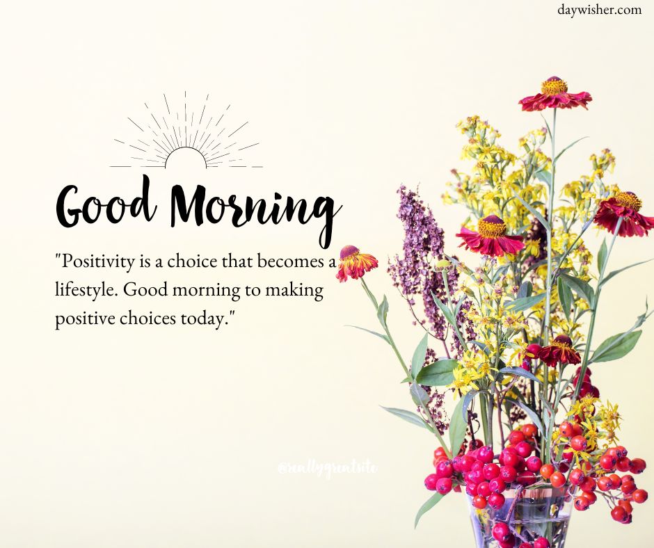 A cheerful "Good Morning Images with Quotes" greeting with a quote about positivity beside a vibrant bouquet of various flowers and berries. Bright, inspirational design against a light background. 