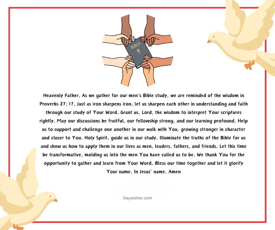 An overhead view of a Bible open to Proverbs 27:17, surrounded by men's hands placed together in a circle, suggesting unity and powerful opening prayer in a Bible study setting.