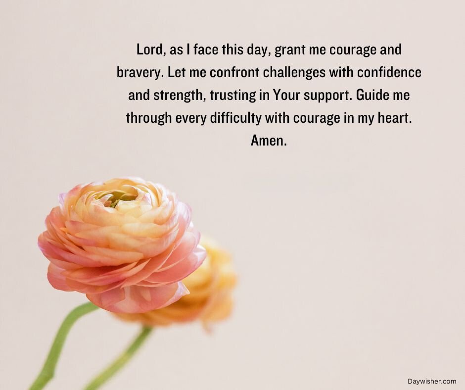 A single pink rose leans slightly against a soft, beige background, accompanied by a Good Morning Prayer asking for courage and guidance through difficulties.