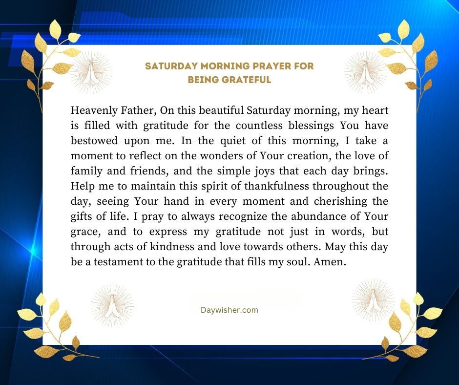 An image featuring a Saturday morning prayer text centered on gratitude for the blessings of 2024, surrounded by a decorative blue border with leaf motifs and a subtle background that enhances the visual appeal.