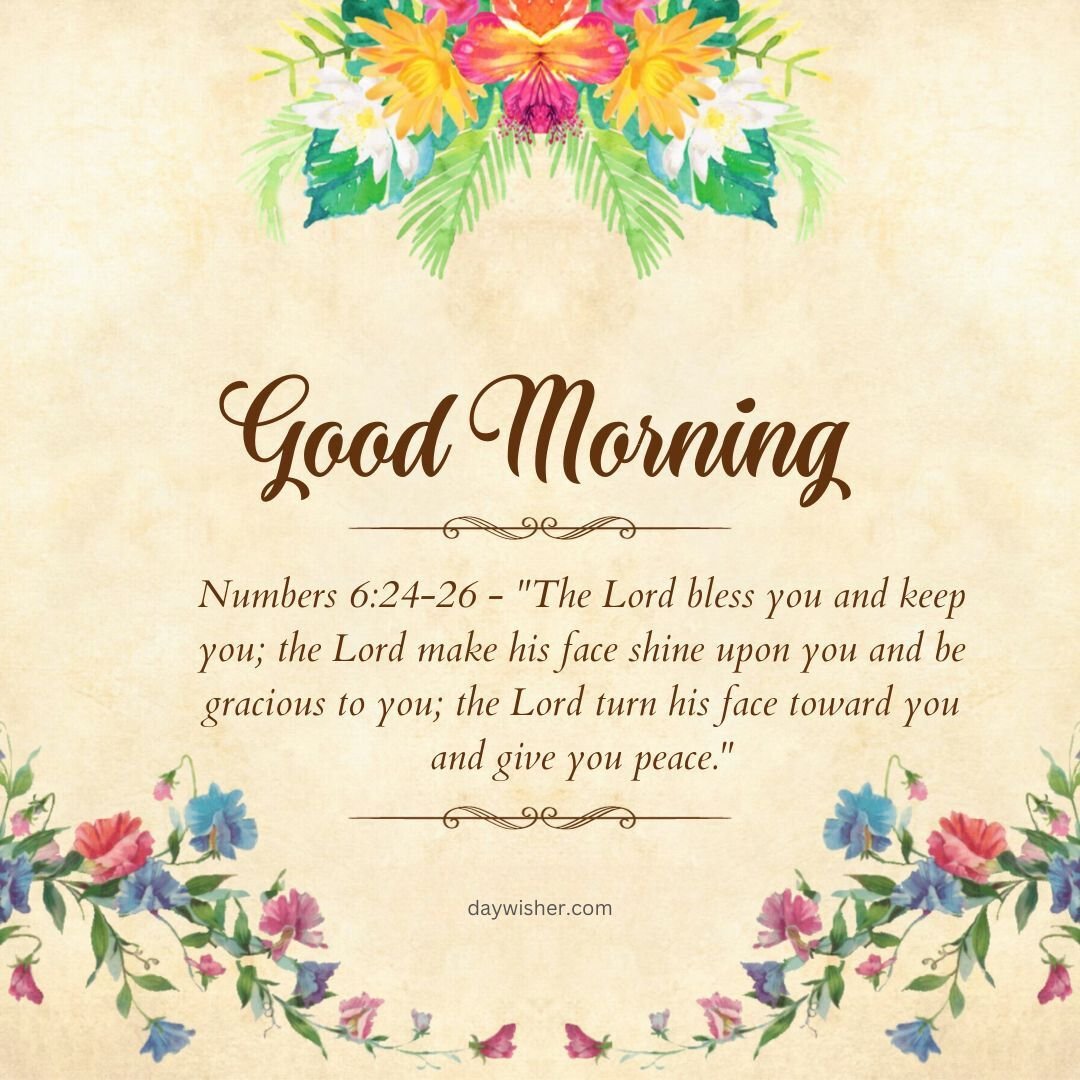 A vintage-style greeting image with central text "Tuesday Morning Prayer" and a scripture quote from Numbers 6:24-26, surrounded by colorful floral designs on a textured beige background.