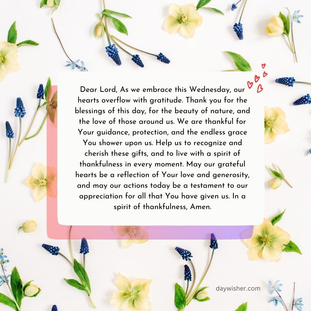 A flat lay of a letter surrounded by spring flowers and greenery on a white background. The letter expresses gratitude and a Wednesday morning prayer, beginning with "Dear Lord, as we embrace this Wednesday...